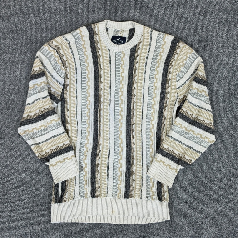 Hollister Mens Large Coogi Sweater Geometric Vertical Stripe Cream Tan Grey